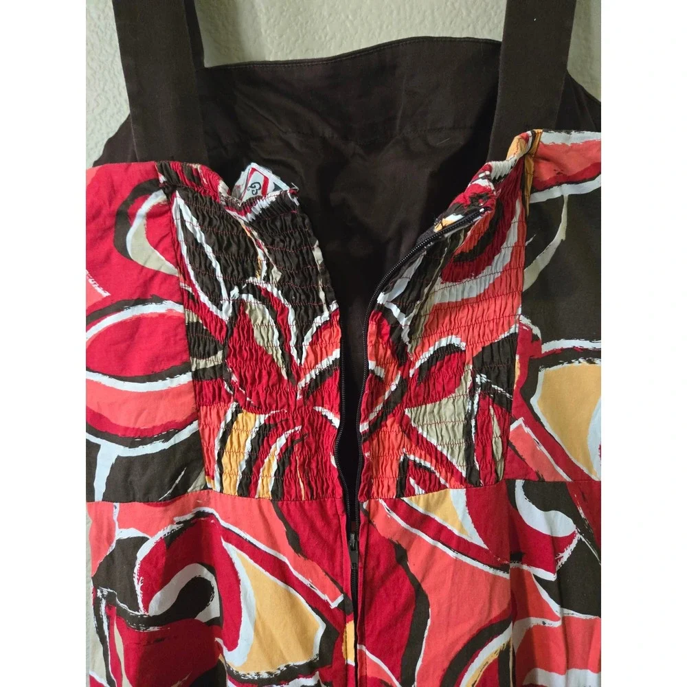 Vintage midi Sun Dress y2k Brown Red Abstract Fit Smocked Back Large - Picture 7 of 8